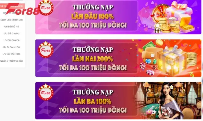 Khuyến mãi For88 thưởng nạp lần hai Điều kiện nhận thưởng khuyến mãi lần nạp thứ hai tại For88 chi tiết