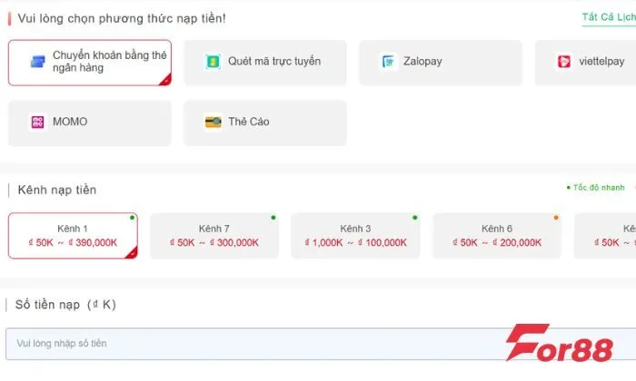 Nạp tiền For88 Nạp tiền qua tài khoản ngân hàng được nhiều anh em lựa chọn